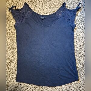 American Eagle Dark Blue Lace Cold Shoulder Top